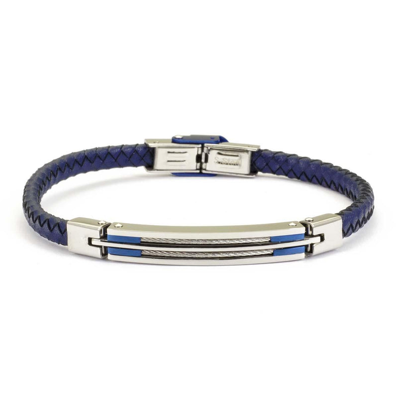 Bracciale da uomo in Pelle intrecciata blu con Cavi d'acciaio - via condotti store