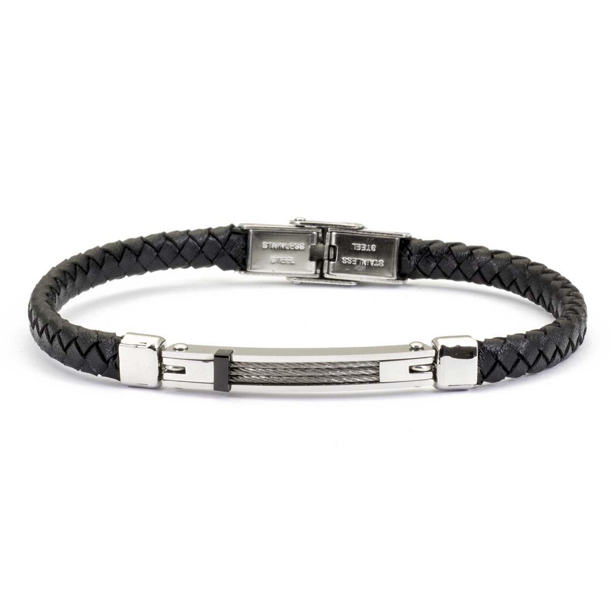 Bracciale da uomo in acciaio e pelle nera intrecciata - via condotti store