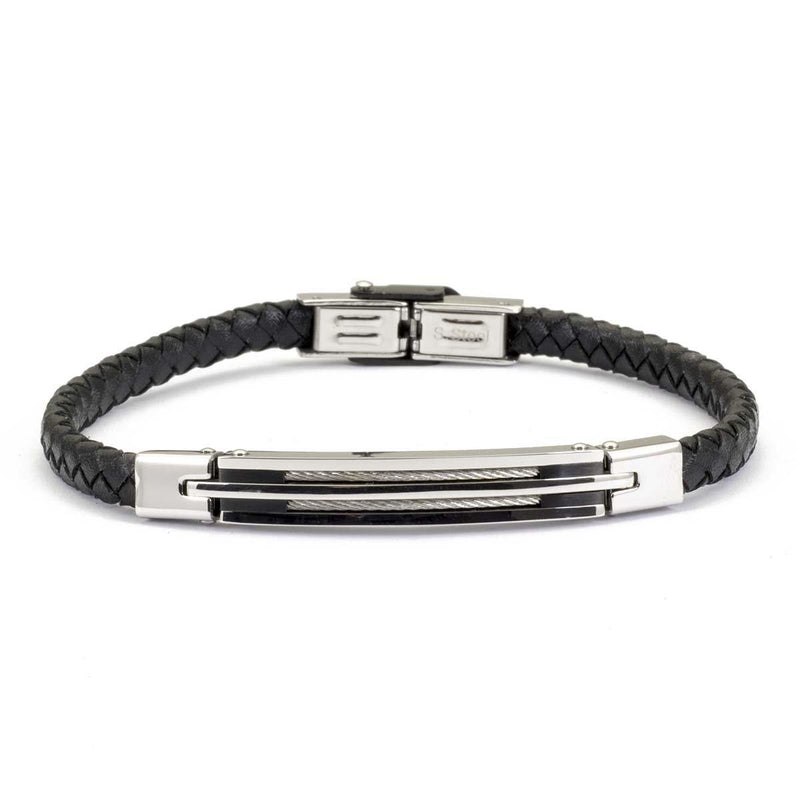 Bracciale da uomo in Pelle intrecciata nera con Cavi d'acciaio - via condotti store