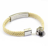 Moderno bracciale da uomo in pelle intrecciata colore avorio crema e piastra in acciaio - via condotti store