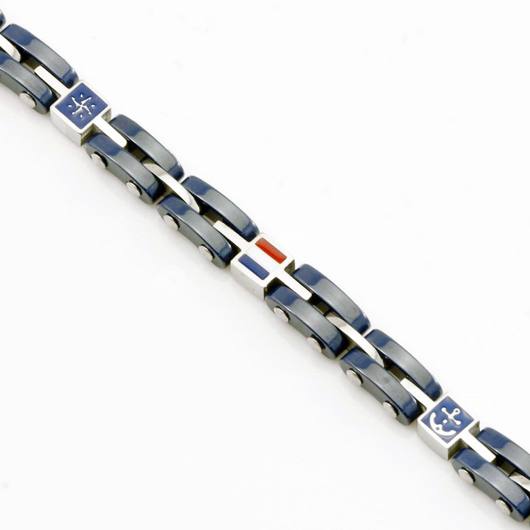 bracciale da uomo maglia tipo orologio in acciaio blu simboli marinari - via condotti store