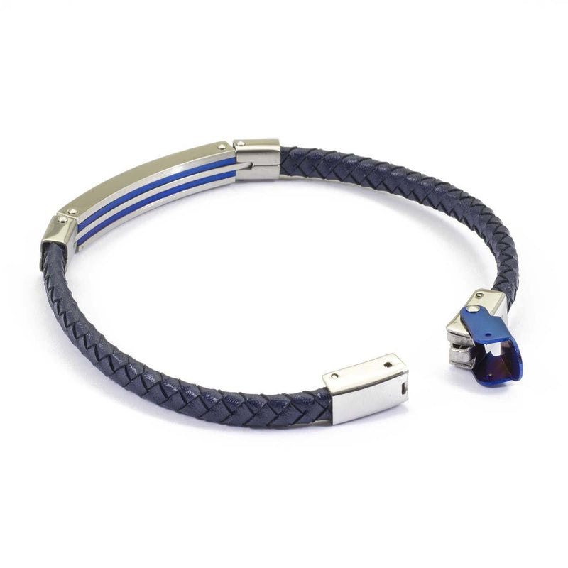 Bracciale da uomo in Pelle intrecciata blu con Cavi d'acciaio - via condotti store