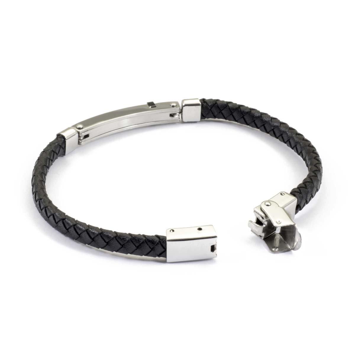 Bracciale da uomo in acciaio e pelle nera intrecciata - via condotti store