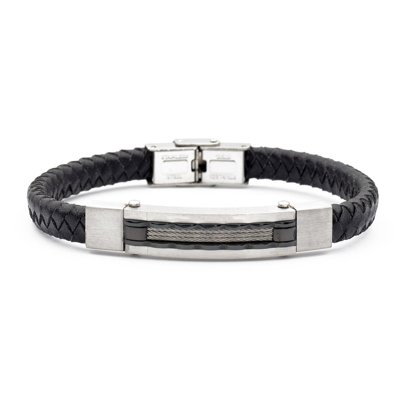 bracciale da uomo in pelle nera intrecciata e piastra con cavetti in acciaio - via condotti store