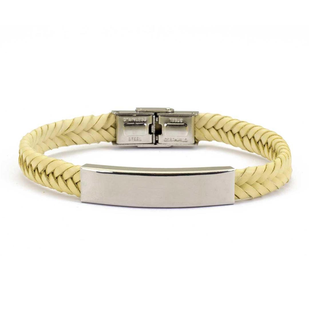 Moderno bracciale da uomo in pelle intrecciata colore avorio crema e piastra in acciaio - via condotti store