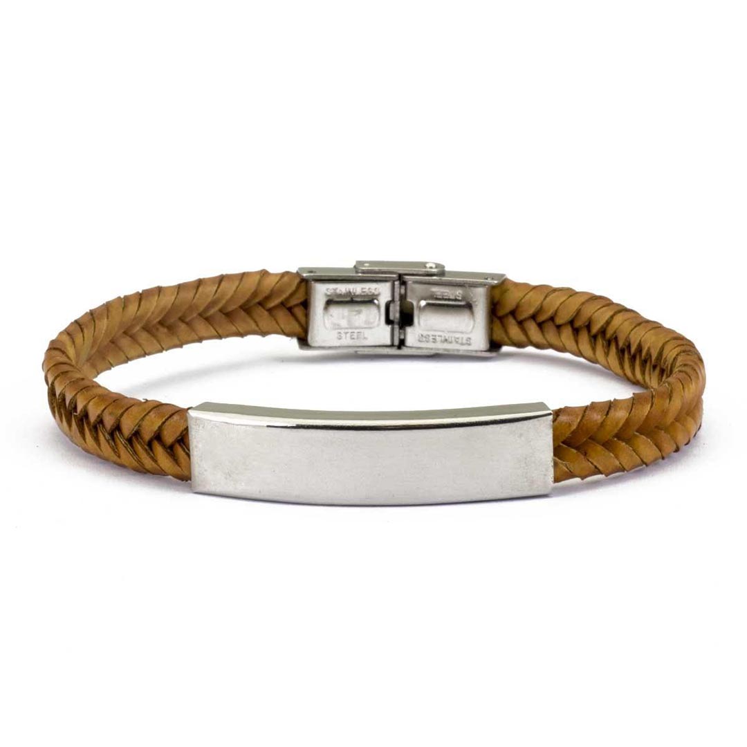 Moderno bracciale da uomo in pelle intrecciata colore marrone e piastra in acciaio - via condotti store