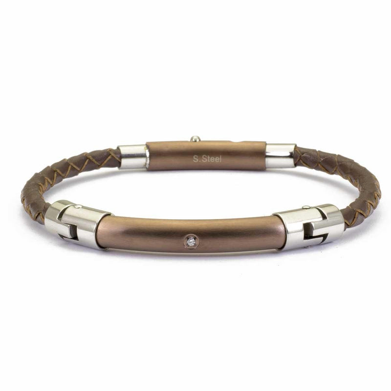 Bracciale per uomo in Acciaio e Pelle intrecciata marrone - via condotti store