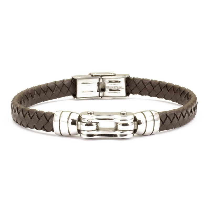 bracciale da uomo in acciaio e pelle marrone intrecciata - via condotti store
