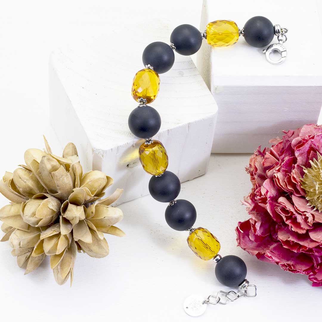 Bracciale in quarzo citrino e onice opaco satinato e argento rodiato - via condotti store