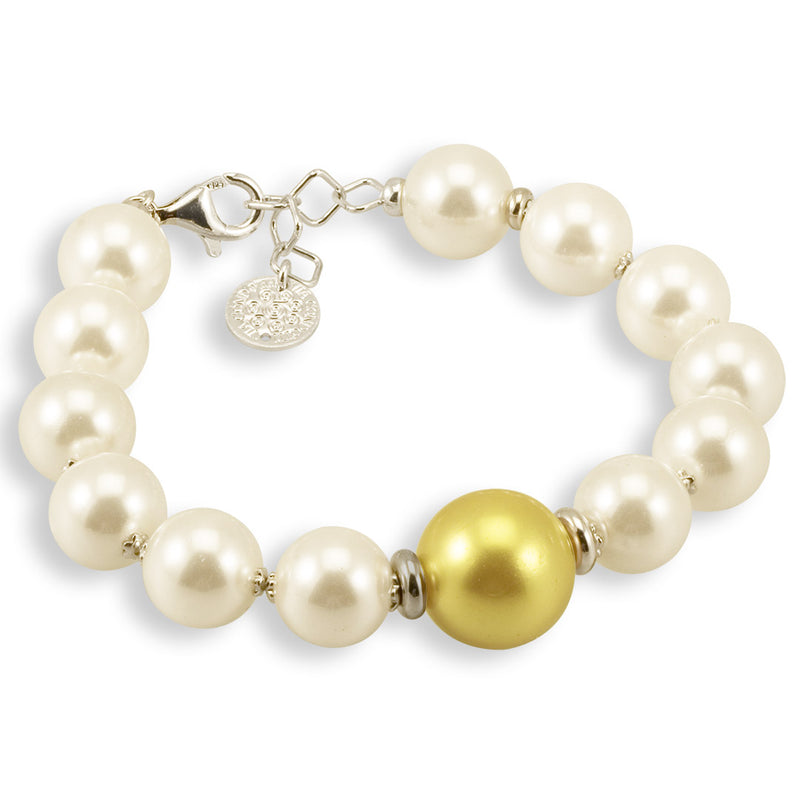 Bracciale in argento rodiato e perle shell bianche e centrale dorata - via condotti store