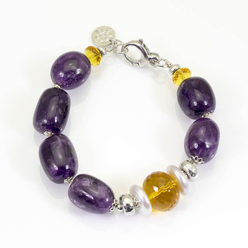 Bracciale in pietre dure e argento rodiato con ametista, quarzo citrino e perle - via condotti store