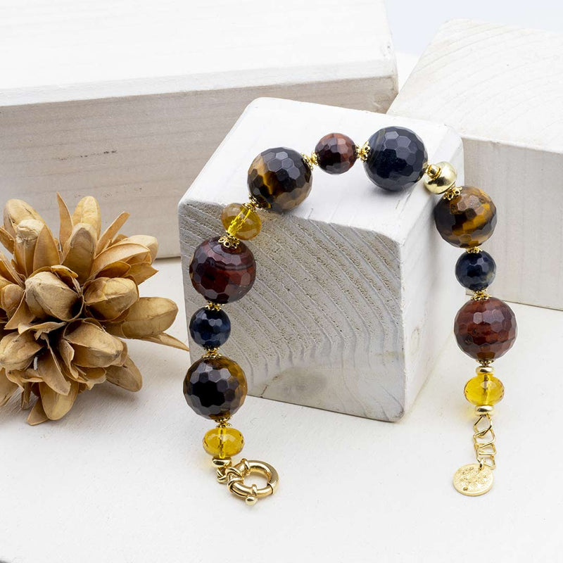 bracciale con palle sfaccettate di occhio di tigre e quarzo citrino con argento placcato oro - via condotti store