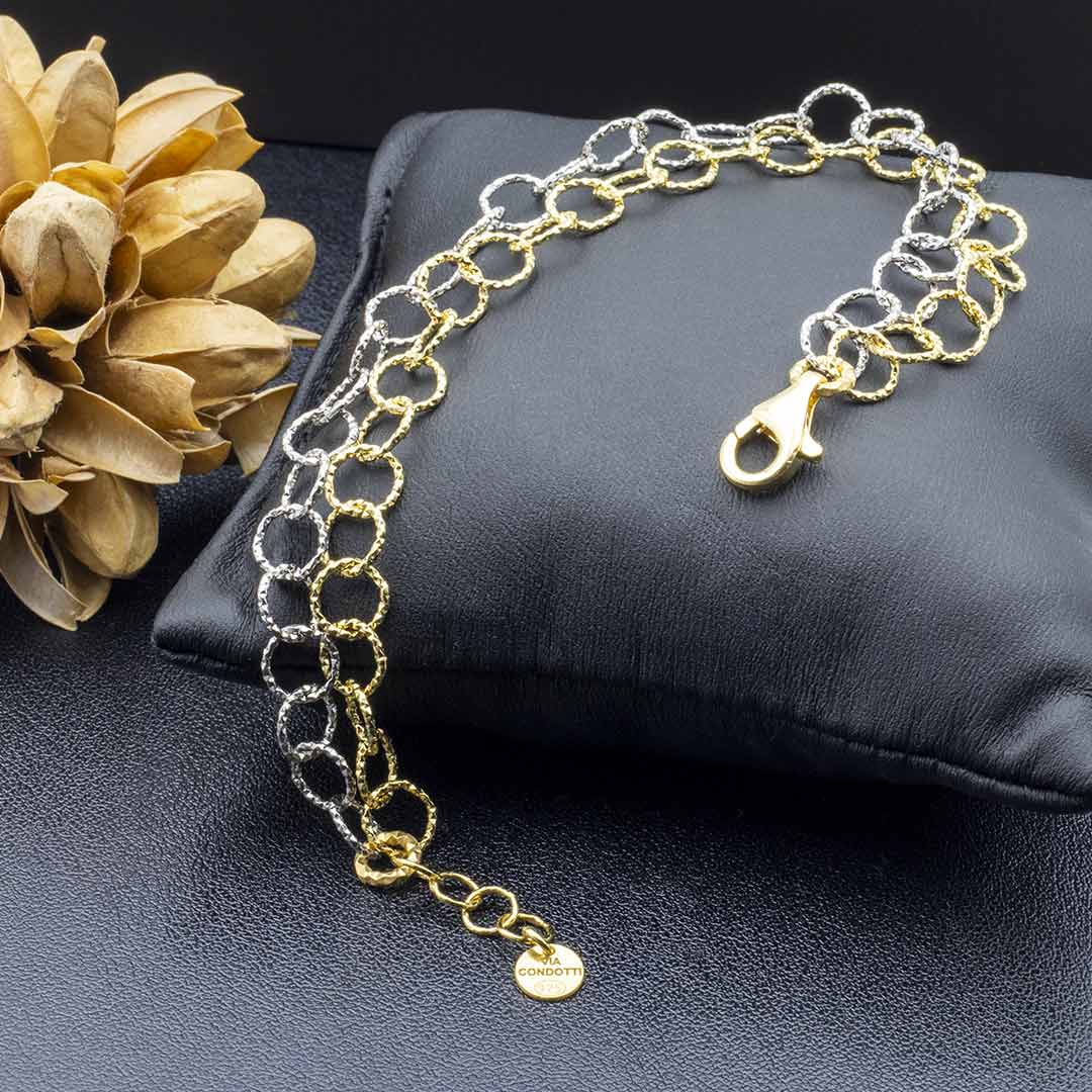 bracciale da donna con doppia catena a cerchi diamantata in argento 925 placcato oro e rodiato - via condotti store