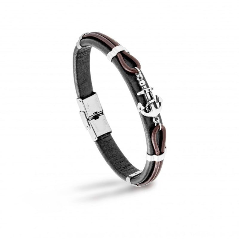 Bracciale uomo con ancora marina in acciaio e pelle - via condotti store