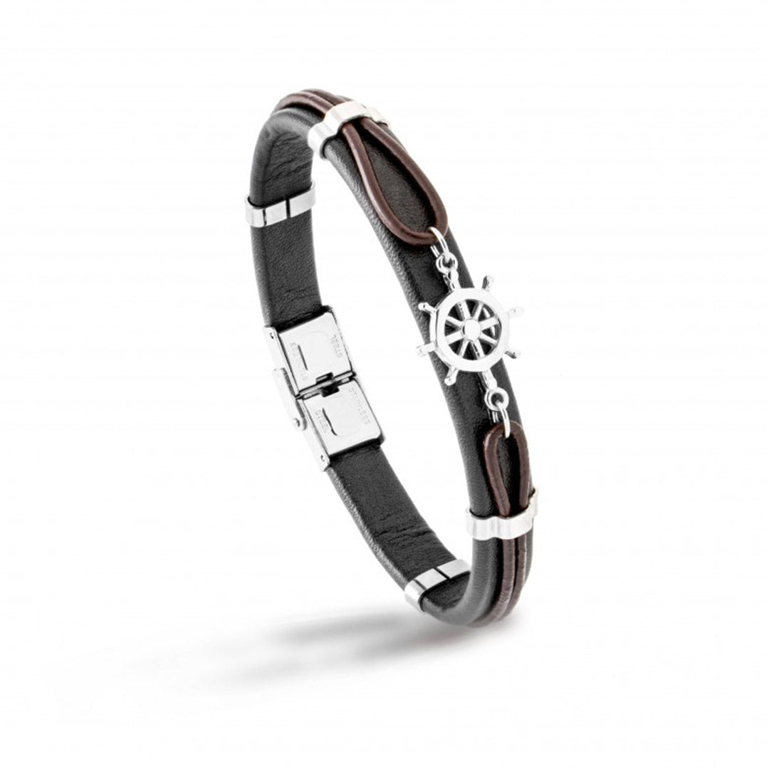 Bracciale uomo con timone marino in acciaio e pelle - via condotti store