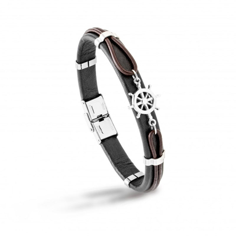 Bracciale uomo con timone marino in acciaio e pelle - via condotti store