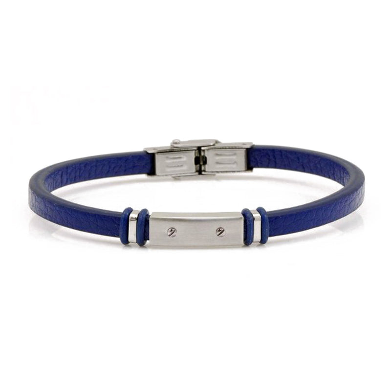 bracciale per uomo in cuoio blu e piastrina in acciaio - via condotti store