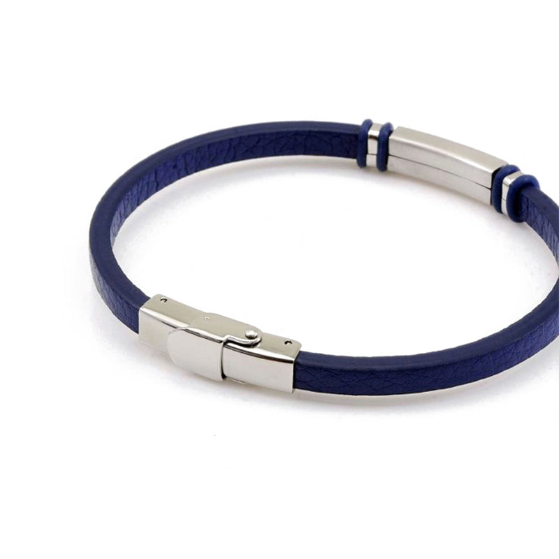 bracciale per uomo in cuoio blu e piastrina in acciaio con chiusura regolabile - via condotti store