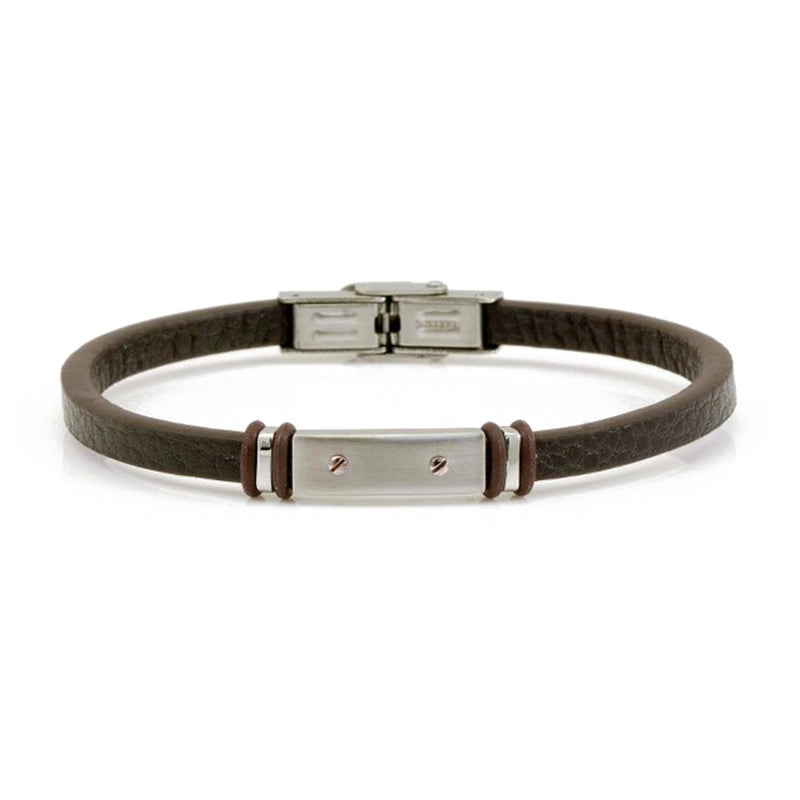 bracciale per uomo in cuoio marrone e piastrina in acciaio - via condotti store