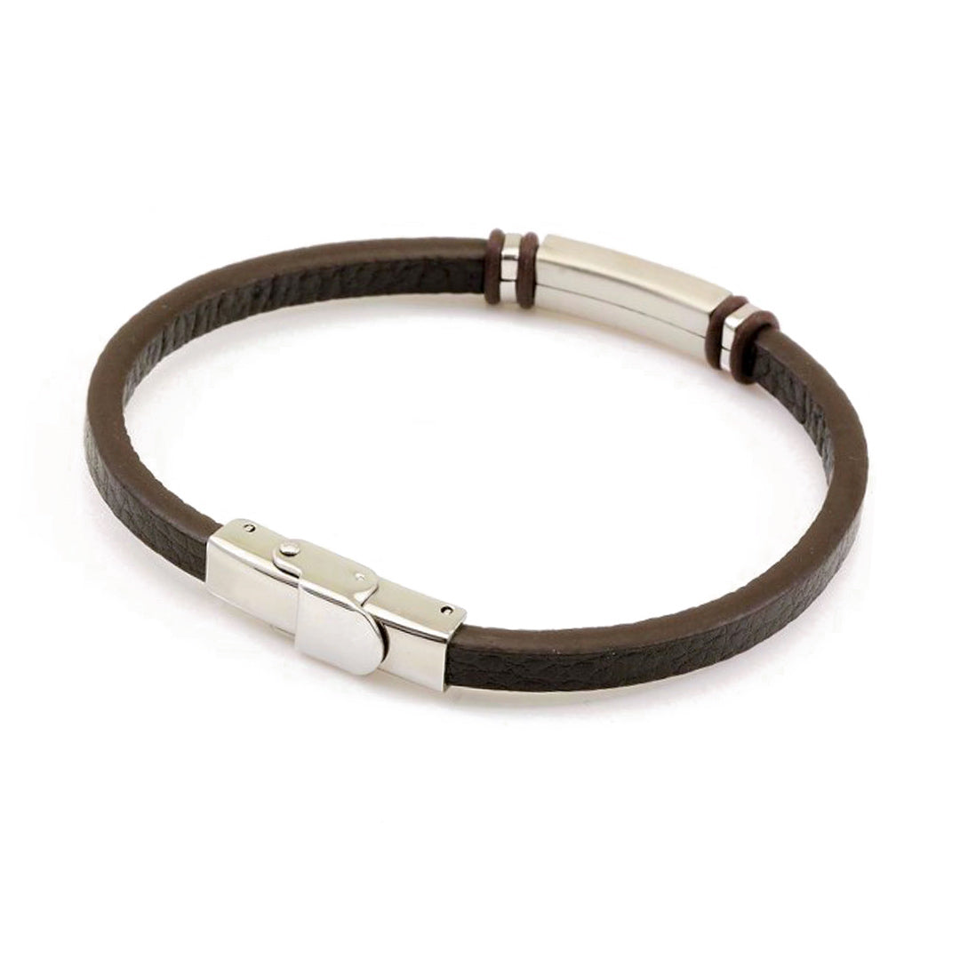 bracciale per uomo in cuoio marrone e piastrina in acciaio con chiusura regolabile - via condotti store