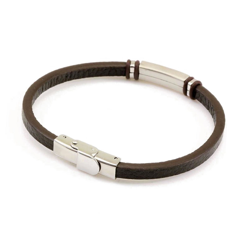 bracciale per uomo in cuoio marrone e piastrina in acciaio con chiusura regolabile - via condotti store