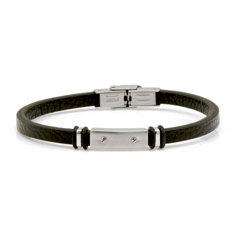 bracciale per uomo in cuoio nero e piastrina in acciaio - via condotti store