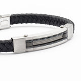 bracciale da uomo in pelle nera intrecciata e piastra con cavetti in acciaio satinato - via condotti store