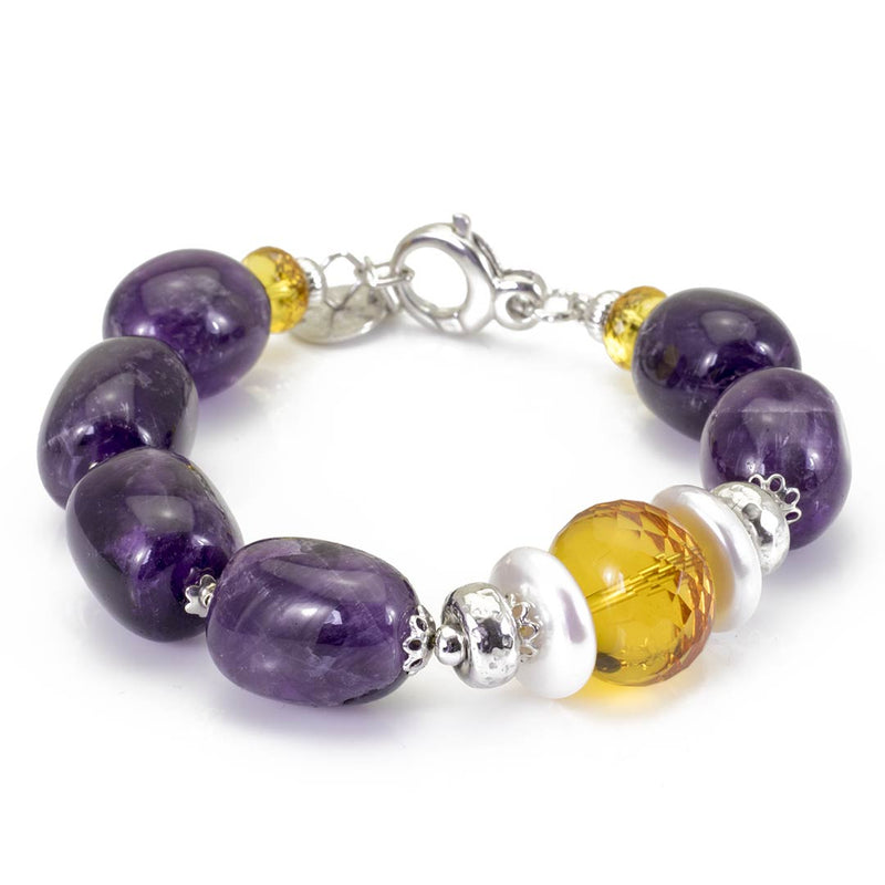 Bracciale in pietre dure e argento rodiato con ametista, quarzo citrino e perle - via condotti store