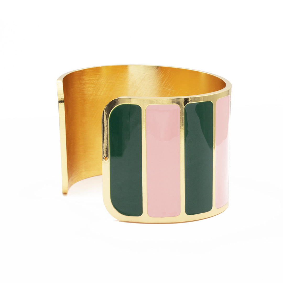 Bracciale misura regolabile francesca bianchi design linea circus smaltato a mano colore rosa e verde inglese - via condotti store