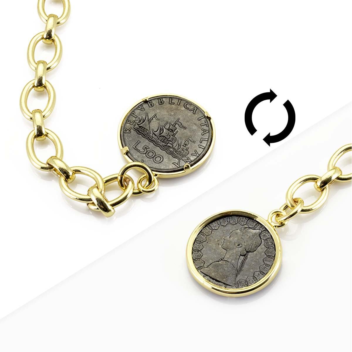 collana da donna con moneta 500 lire e catena a maglia ovale in bronzo placcato oro Francesca Bianchi Design - Via Condotti Store
