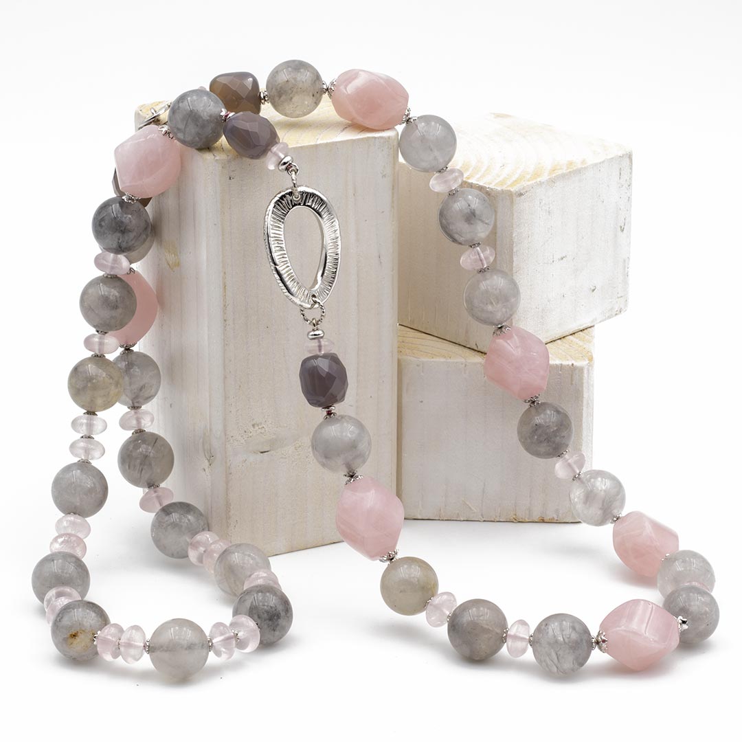 Collana in pietre dure e argento 925 con quarzo rosa agata muschiata e onice grigio - via condotti store