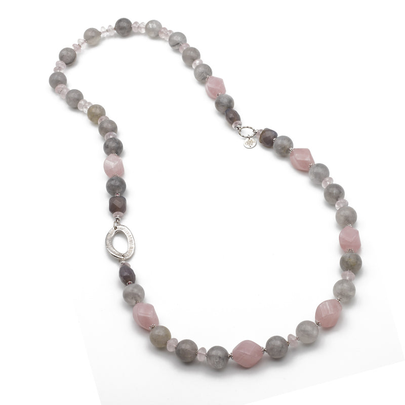 collana in pietre dure e argento 925 rodiato con quarzo rosa agata muschiata e onice grigio - via condotti store