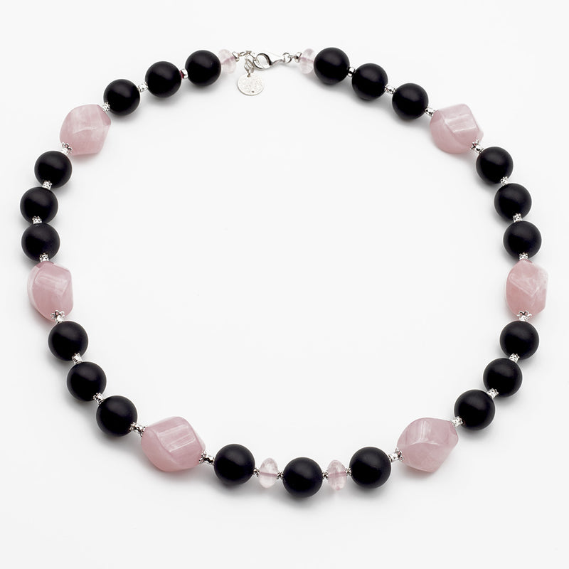 collana girocollo in pietre dure e argento con onice opaco e quarzo rosa - via condotti store