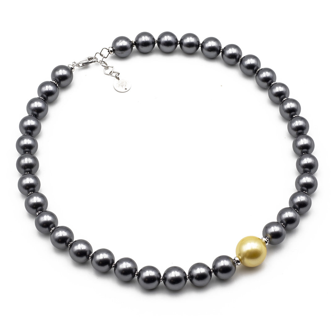 collana girocollo in perle grigie e dorata al centro con argento 925 - via condotti store
