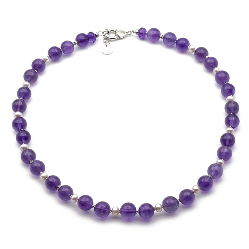 Collana girocollo da donna in ametista e perle con argento 925 rodiato - via condotti store