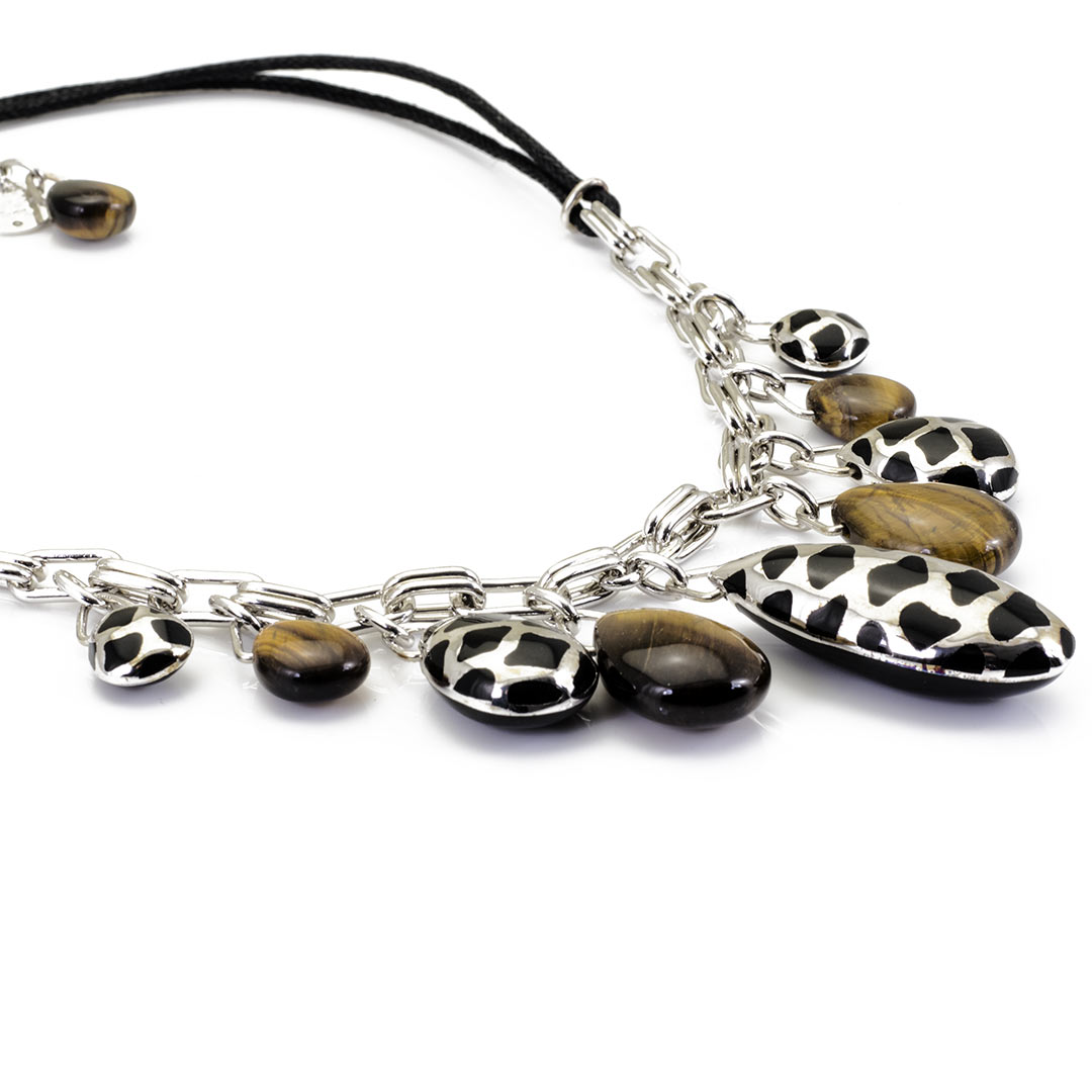 Collana in corda nera con pendenti in Argento e Occhio di Tigre - via condotti store