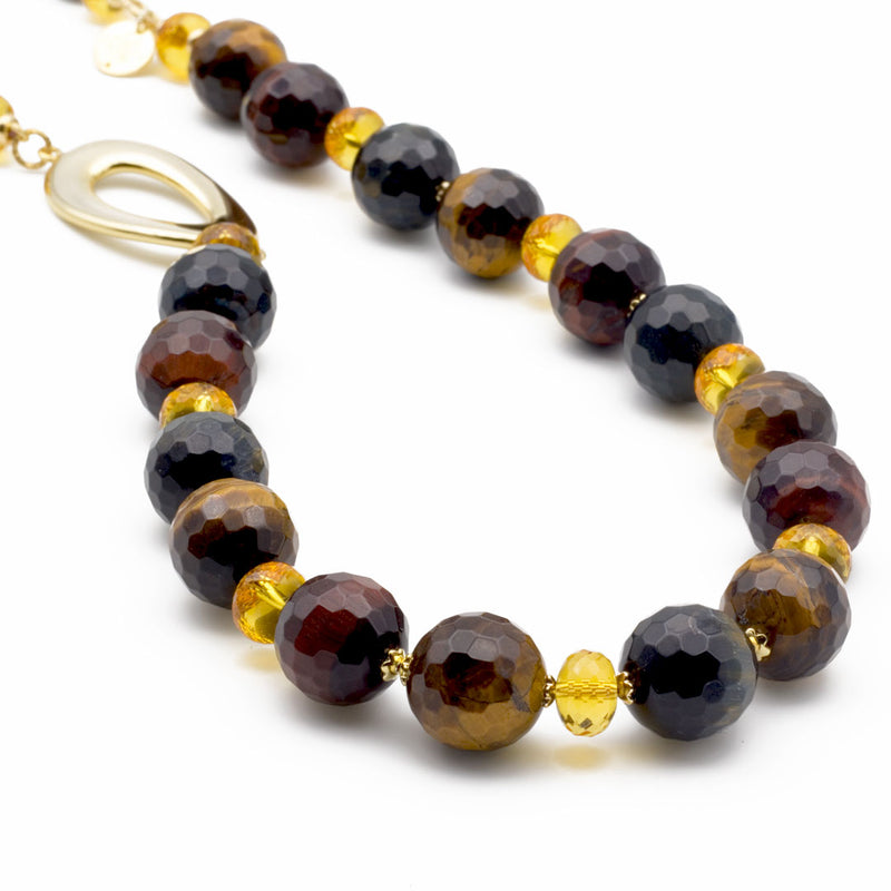 Collana in occhio di tigre e quarzo citrino con argento 925 placcato oro - via condotti store