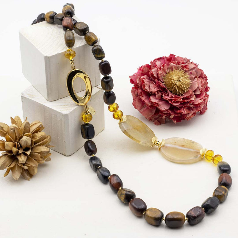 Collana in occhio di tigre quarzo citrino e quarzo rutilato con argento 925 placcato oro - via condotti store