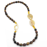 Collana lunga in occhio di tigre quarzo citrino e quarzo rutilato con argento 925 placcato oro - via condotti store