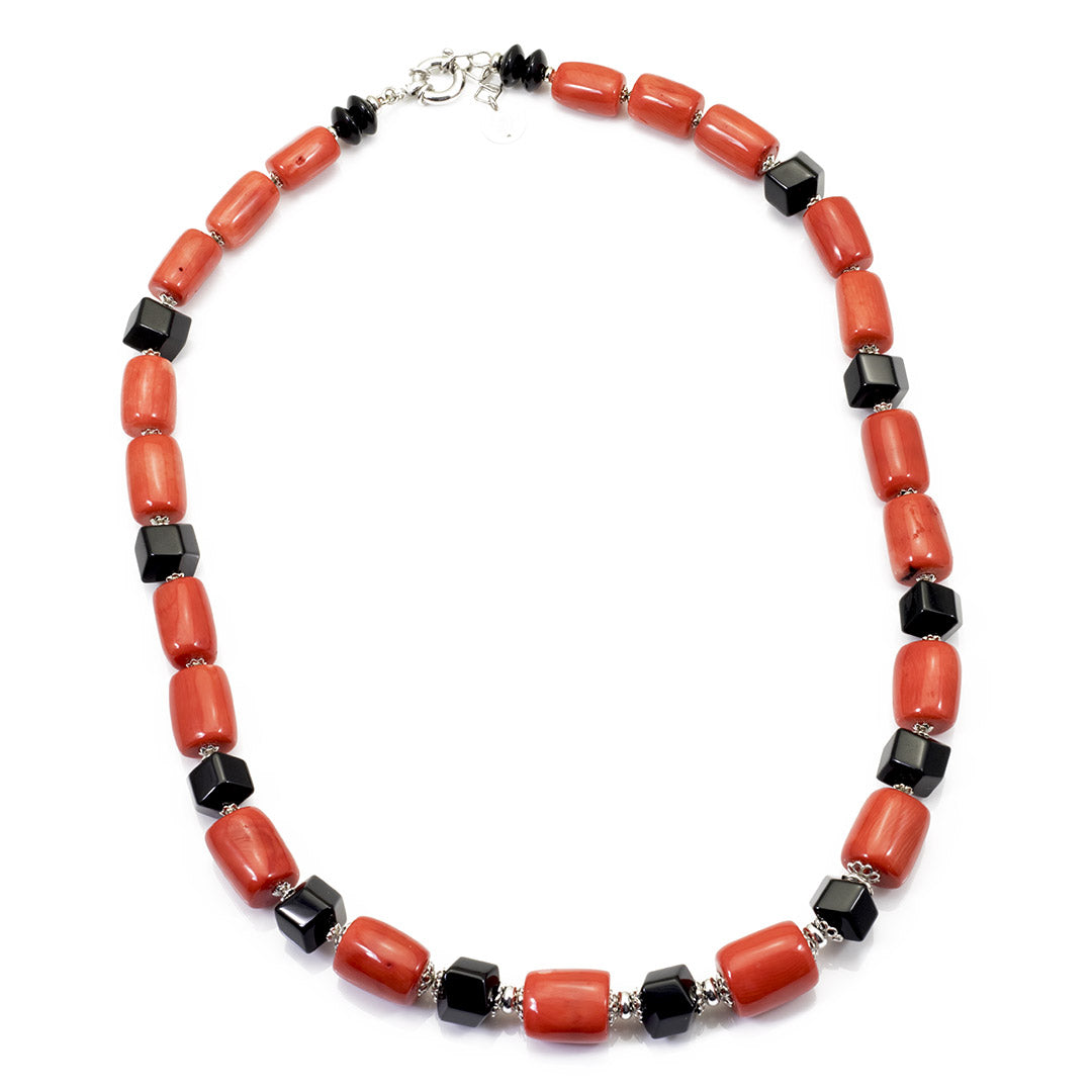 collana in pietre dure e argento rodiato con corallo bambu e onice - via condotti store