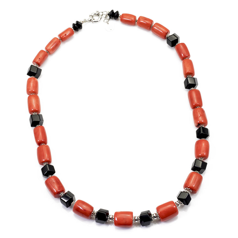 collana in pietre dure e argento rodiato con corallo bambu e onice - via condotti store