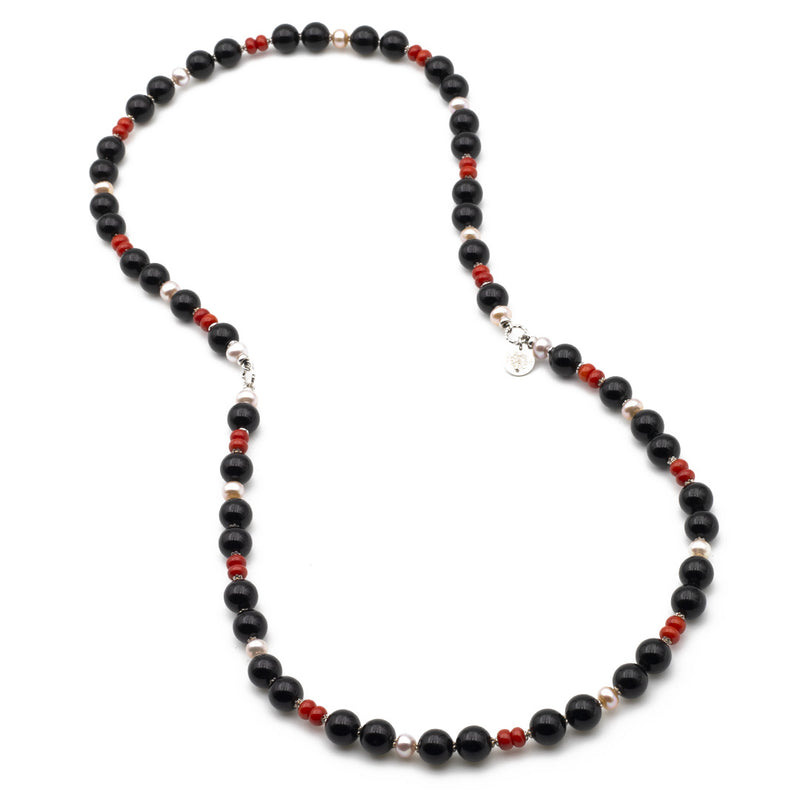 collana lunga in pietre dure e argento con onice, perle e corallo - via condotti store