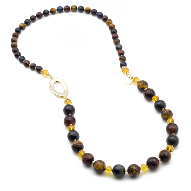 Collana in occhio di tigre e quarzo citrino con argento 925 placcato oro - via condotti store