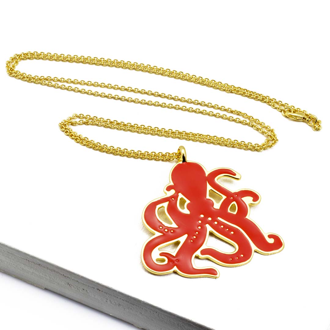 collana francesca bianchi design da donna con catena e pendente polpo rosso in bronzo placcato oro  - via condotti store