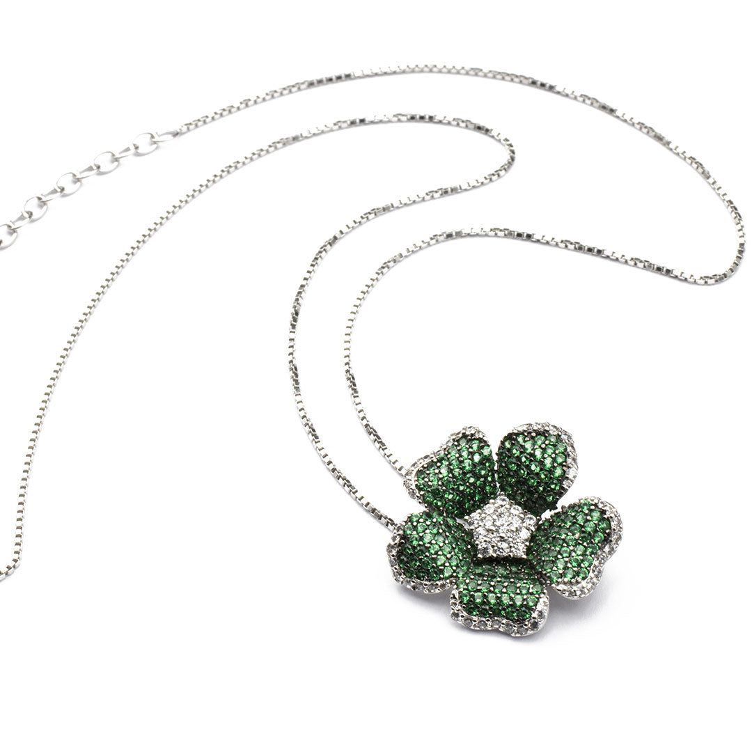 collanina con pendente fiore in argento 925 e zirconi bianchi e verde smeraldo - via condotti store