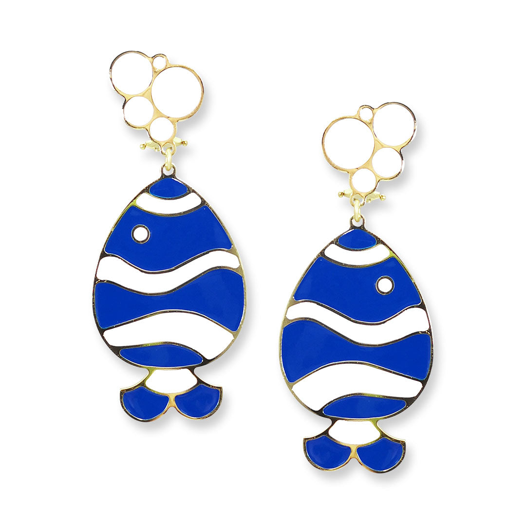 orecchini smaltati francesca bianchi design forma pesci blu e bianco - via condotti store
