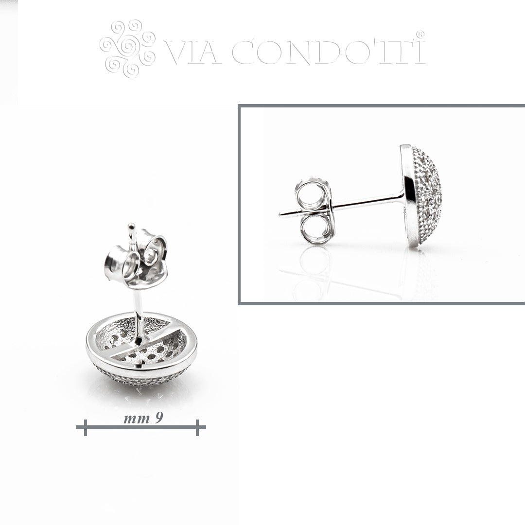 misura 9 mm e profilo orecchini a lobo tappabuchi mezza sfera in argento e zirconi - via condotti store
